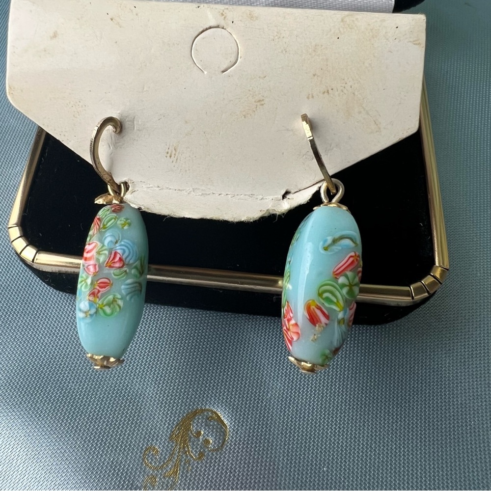 Vintage 1950s Hand Painted Glass Floral Earrings Screw Back Original Card